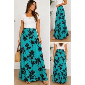 R&B Collection Women's Large Teal Black Floral Maxi Skirt Side Zip Elastic Waist